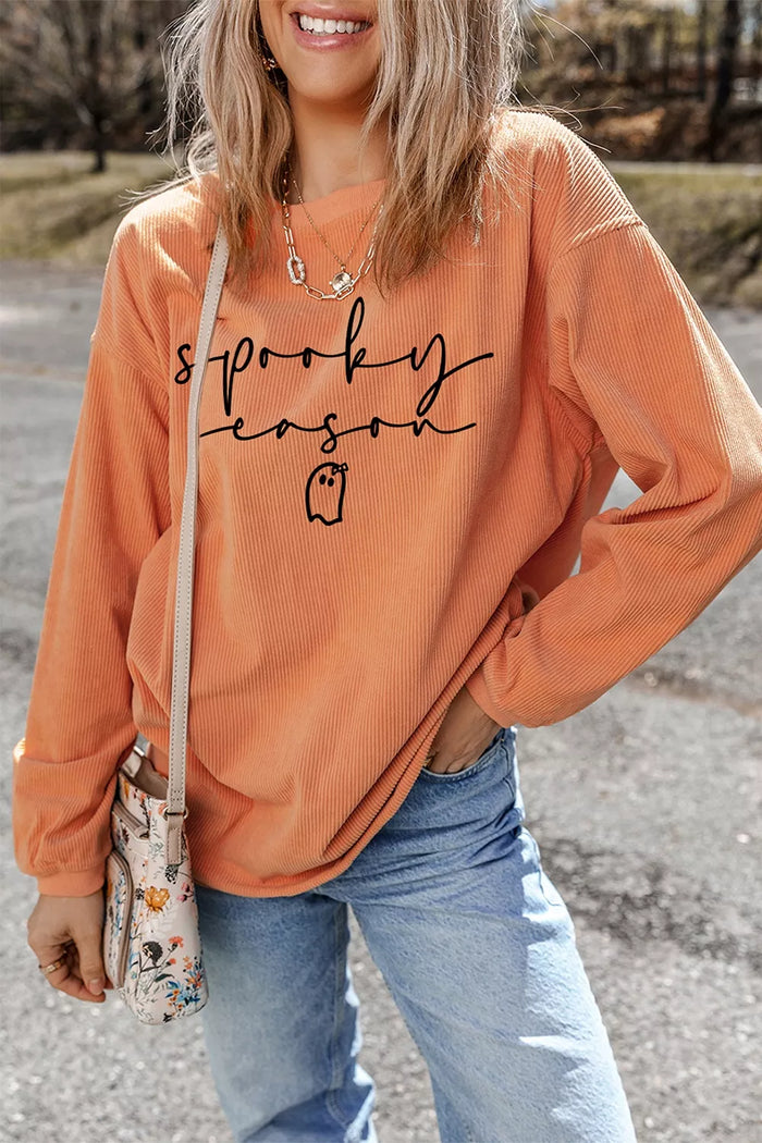Spooky Season Ghost Letter Cozy Ribbed Pullover Sweatshirt in Sherbet