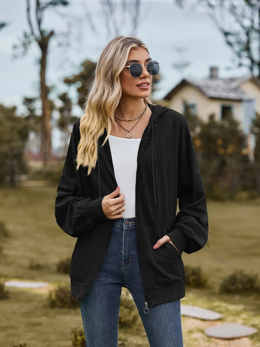 Zip Up Drawstring Long Sleeve Hooded Jacket, view 9