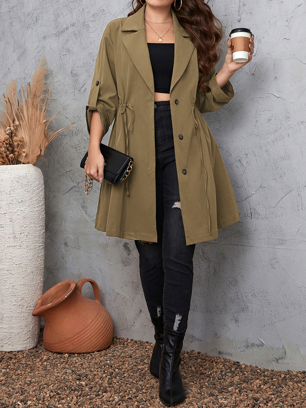 Honey Plus Size Lapel Collar Drawstring Roll-Tab Sleeve Trench Coat - Lilixa.store