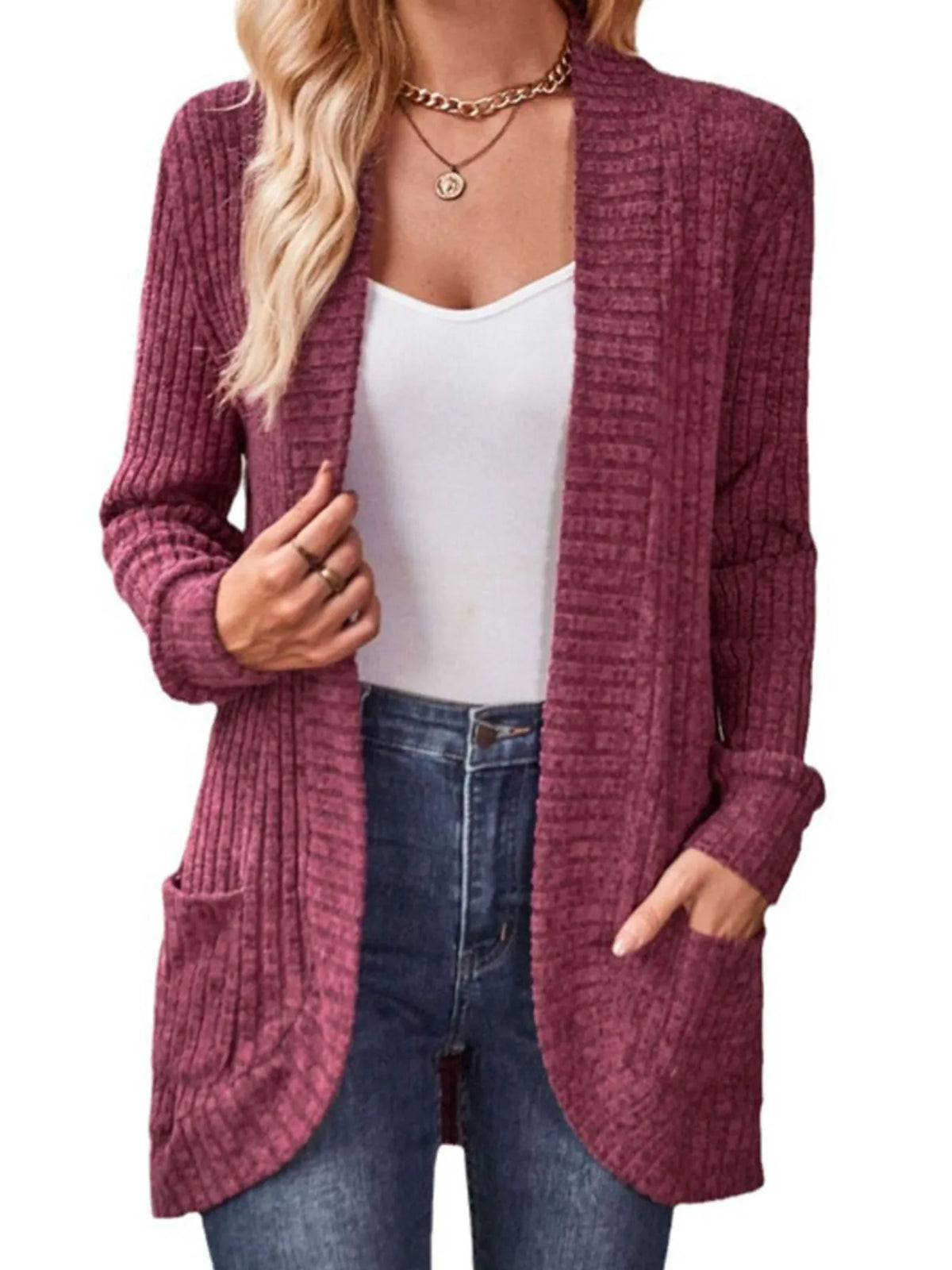 Ribbed Knit Open Front Cardigan with Pockets in Wine Red