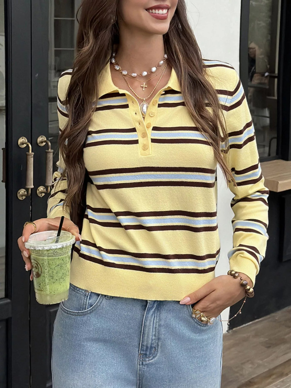 Striped Polo Collar Knit Top - Lilixa.store