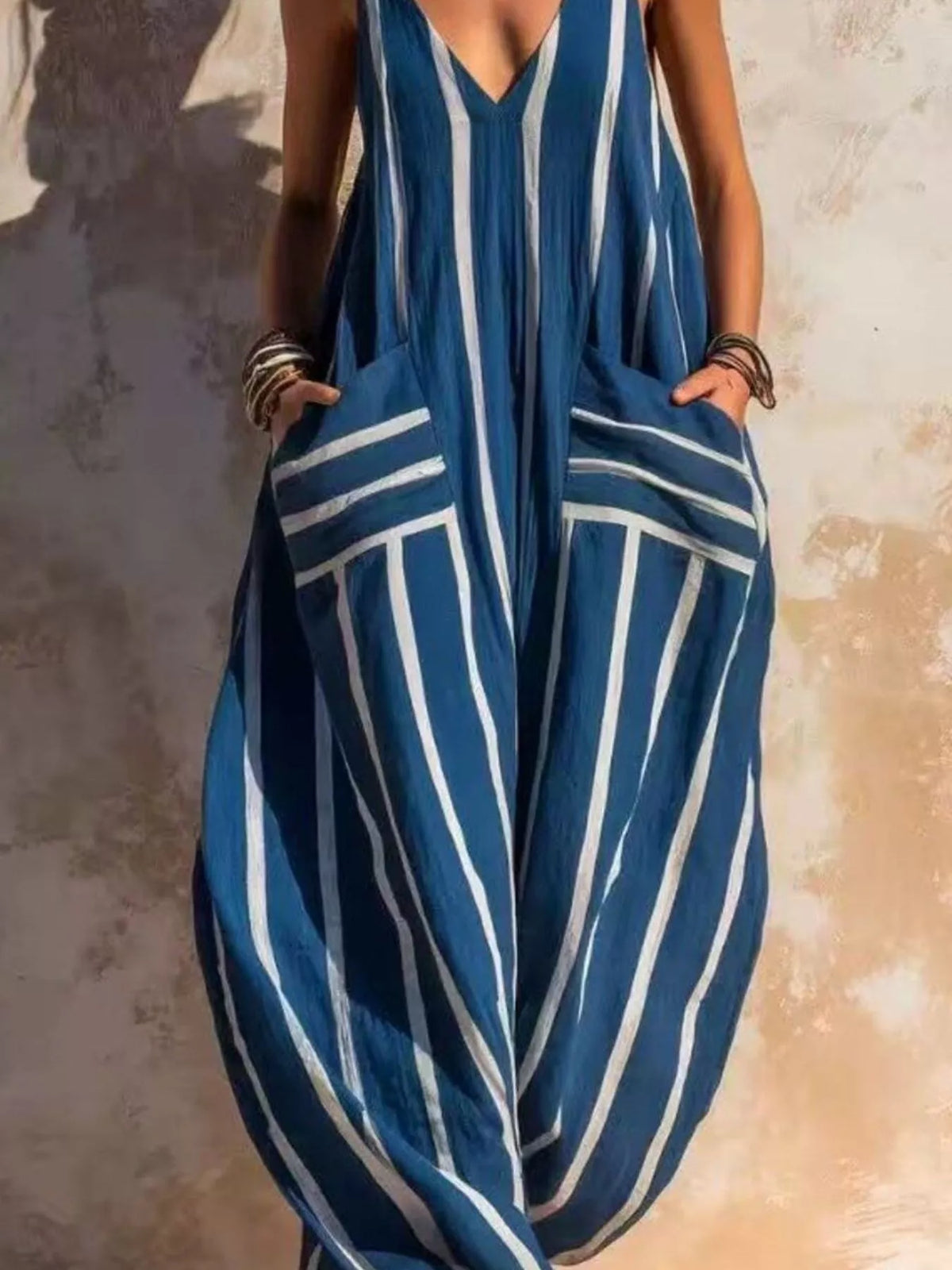 Striped V-Neck Sleeveless Wide-Leg Jumpsuit - Lilixa.store