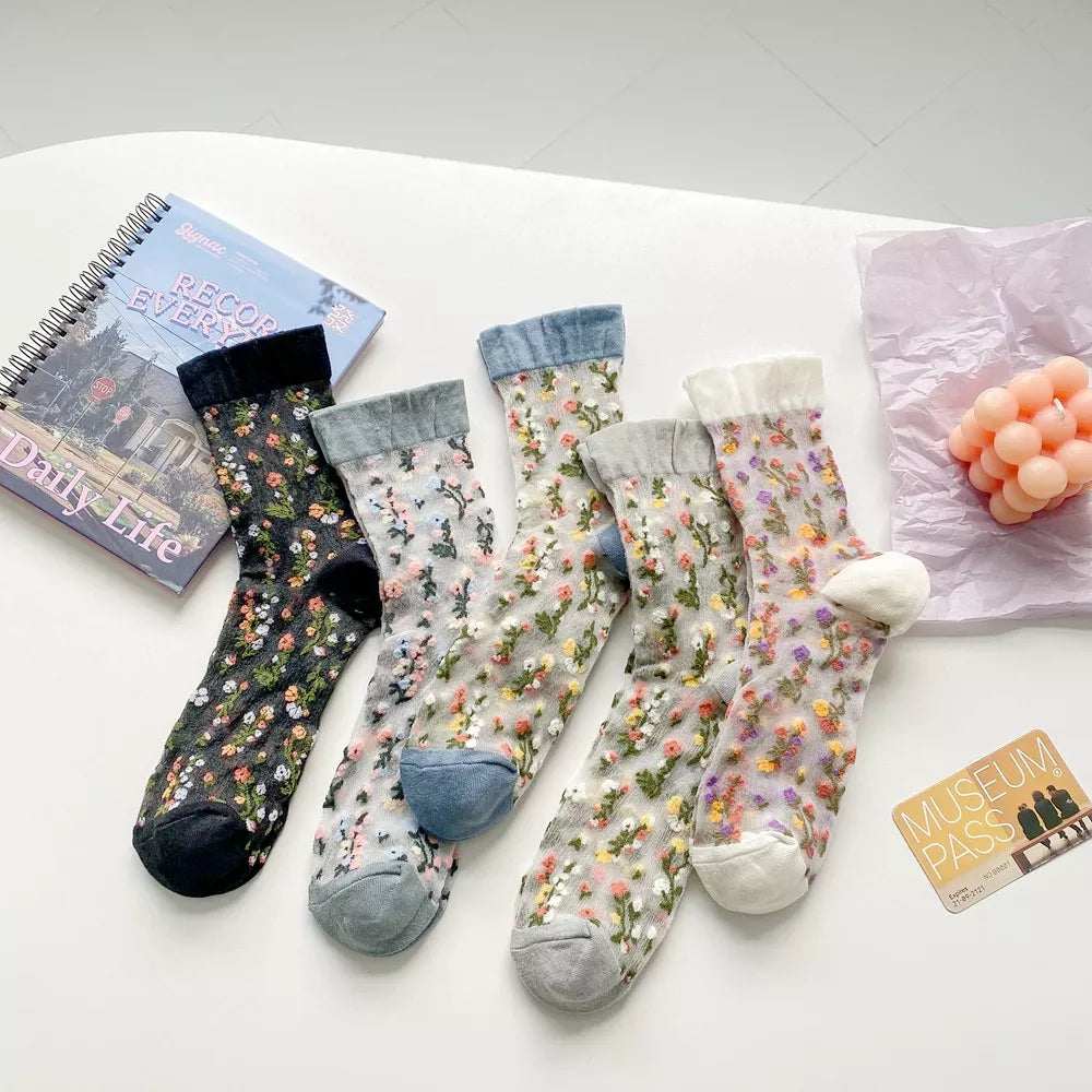 Floral Sheer Crew Socks 5 Pair Set