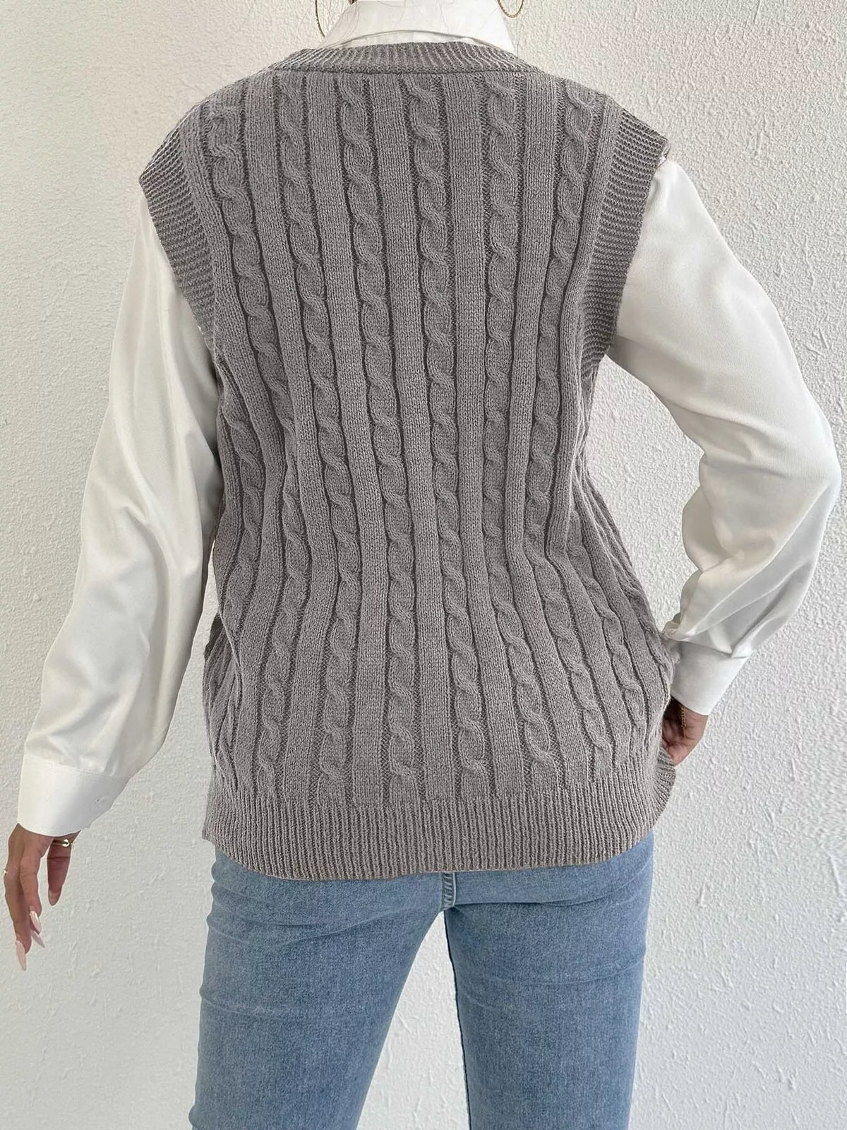 V-Neck Cable Knit Button-Down Sweater Vest with Heart Embroidery