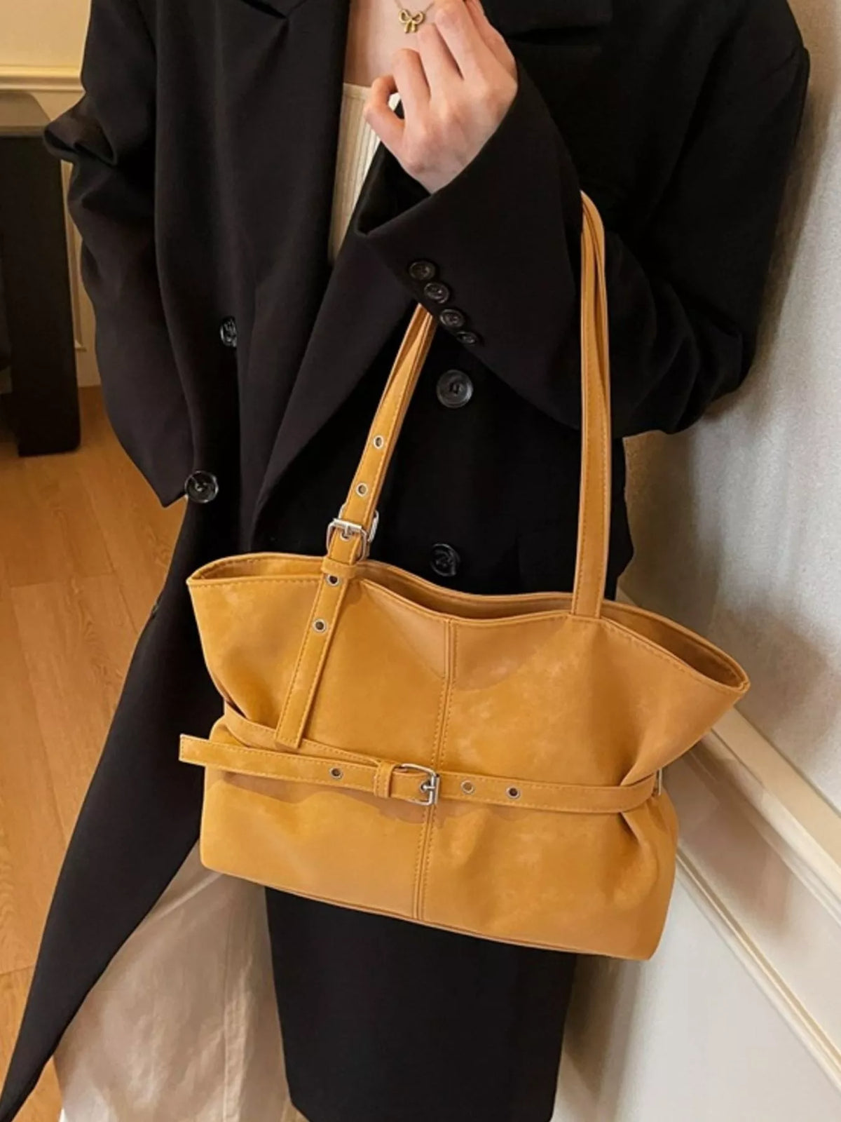 Washed Suede Buckle Detail Tote Bag, view 3