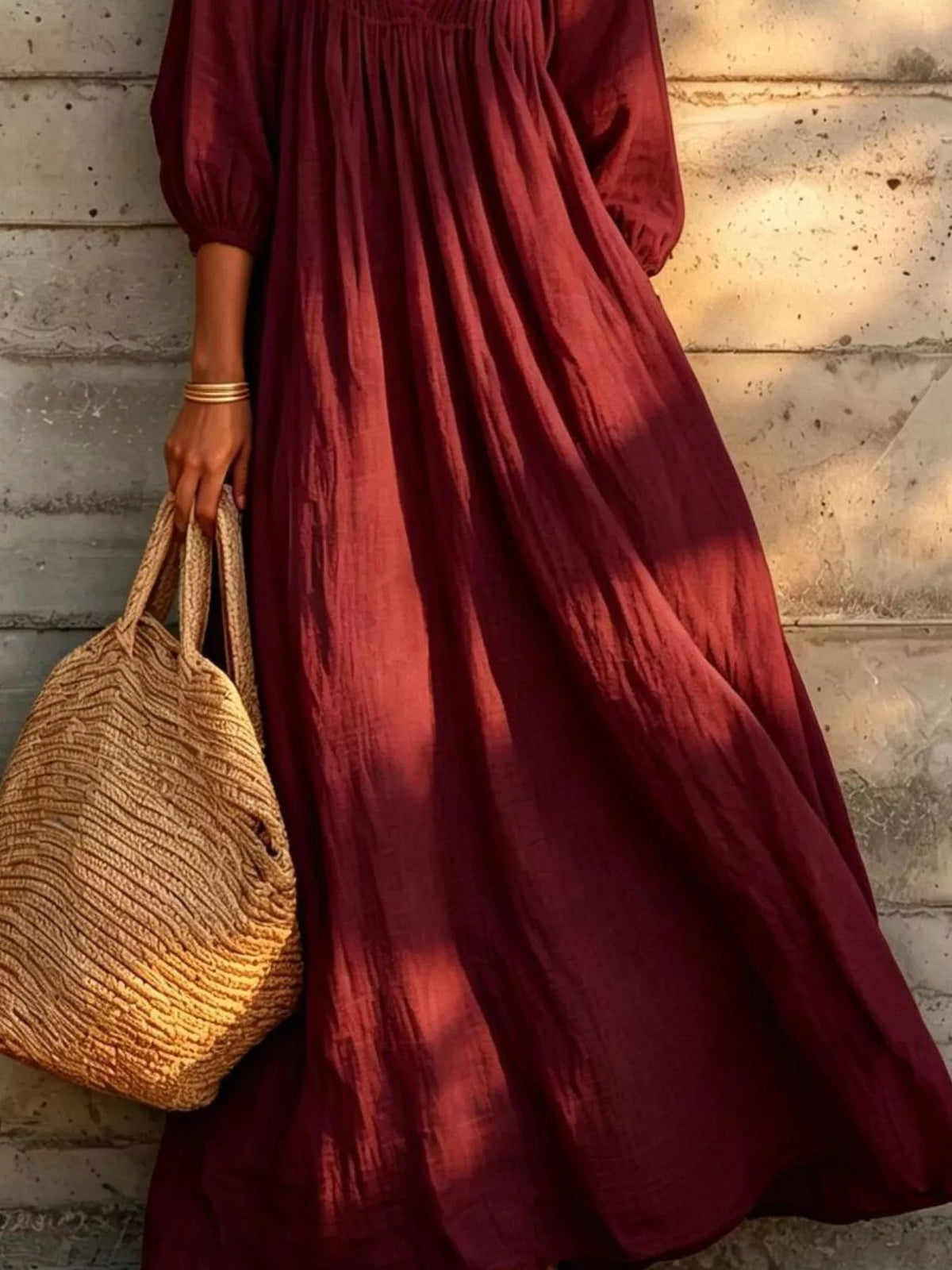 Tiered Notched 3/4 Sleeve Maxi Dress - Lilixa.store
