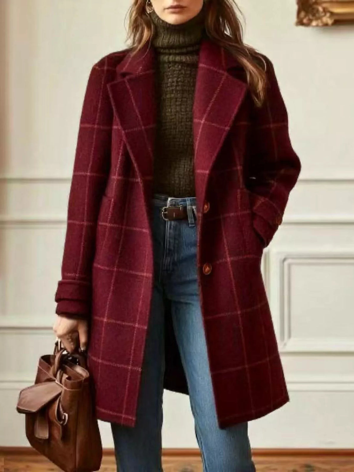 Full Size Plaid Lapel Collar Longline Single-Breasted Overcoat Plus Size