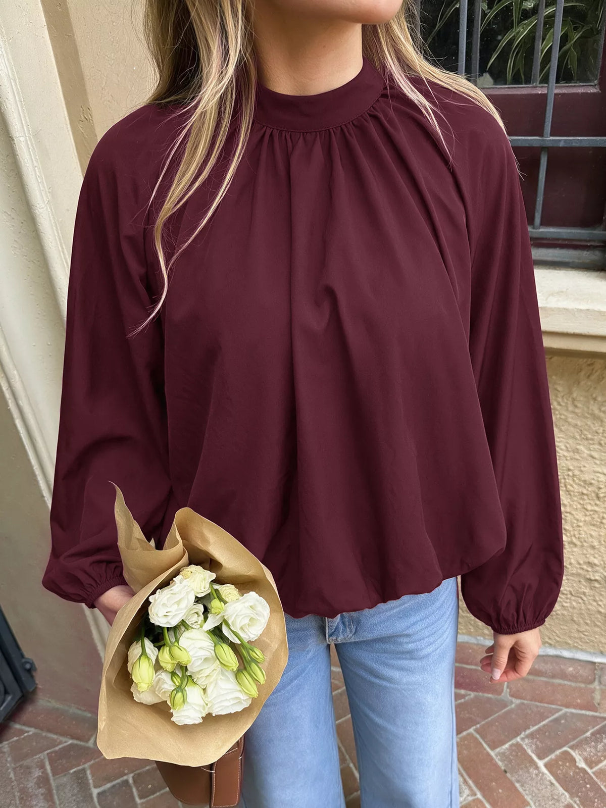 Tie Back Balloon Sleeve Blouse in Fuchsia Pink, view 3