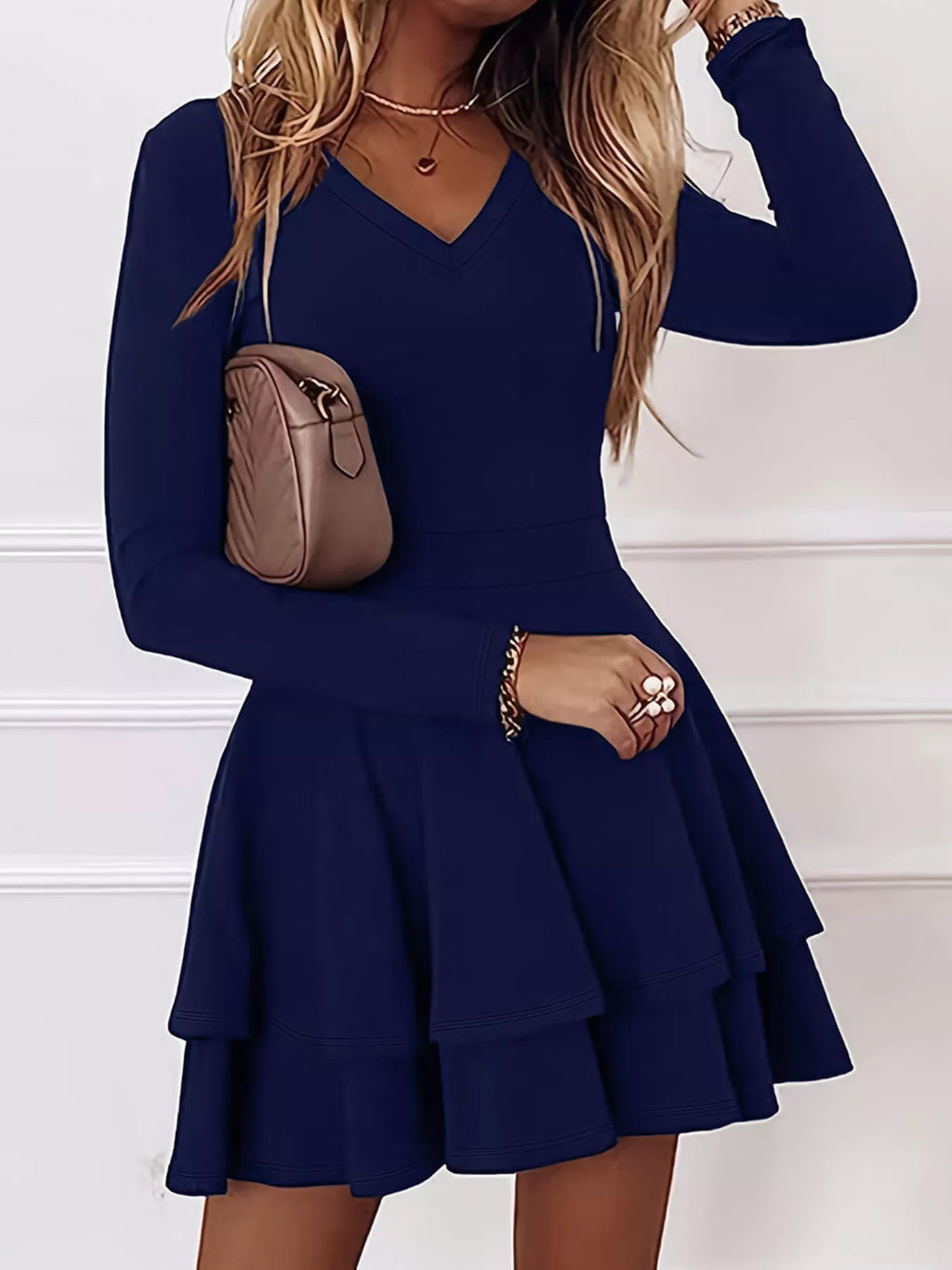 V-Neck Long Sleeve Layered Ruffle Mini Dress - Lilixa.store