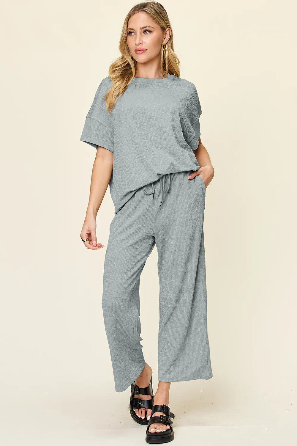 Double Take Full Size Texture Round Neck Short Sleeve T-Shirt and Wide Leg Pants, view 19