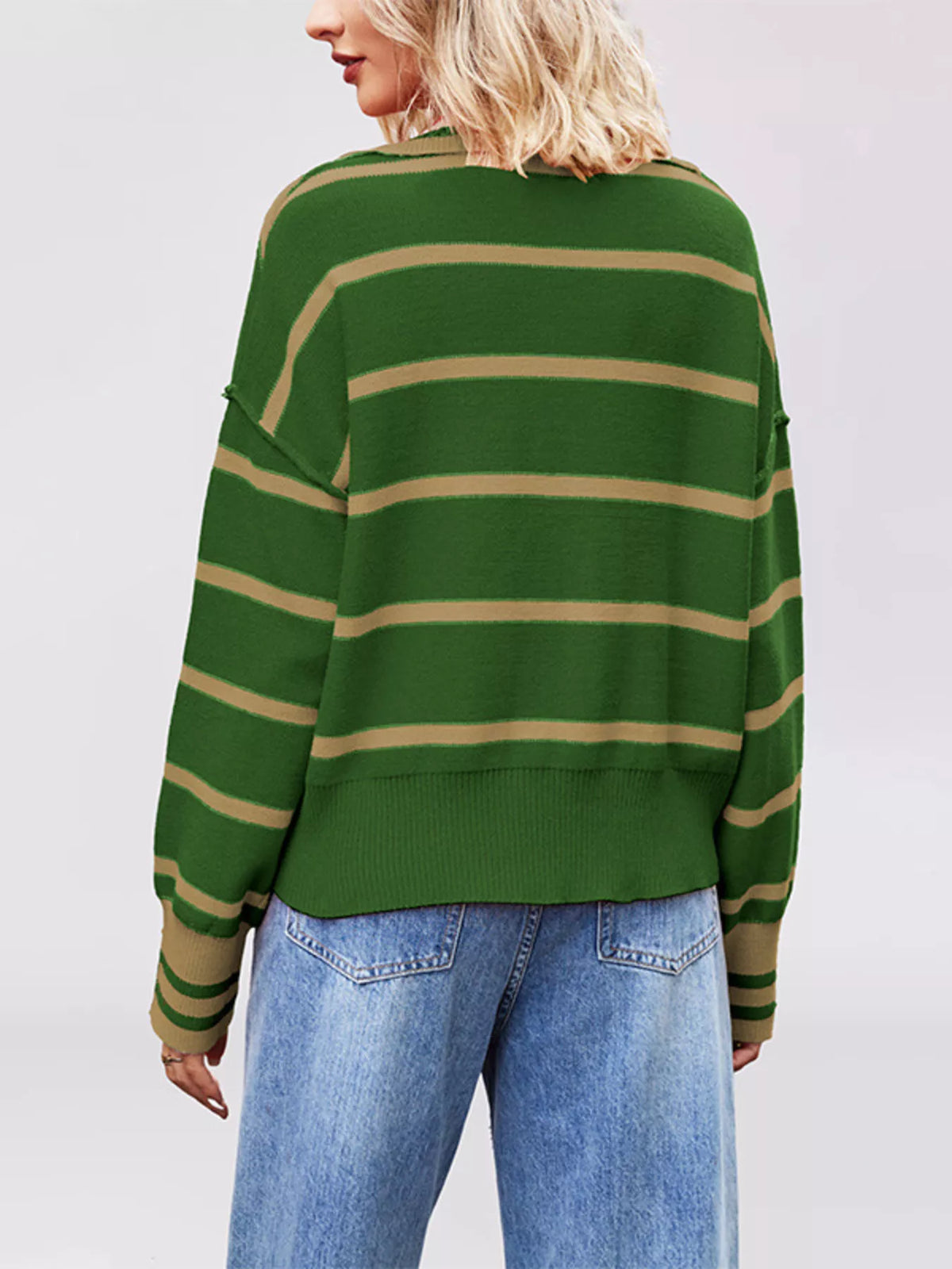 Striped Johnny Collar Dropped Shoulder Sweater - Lilixa.store