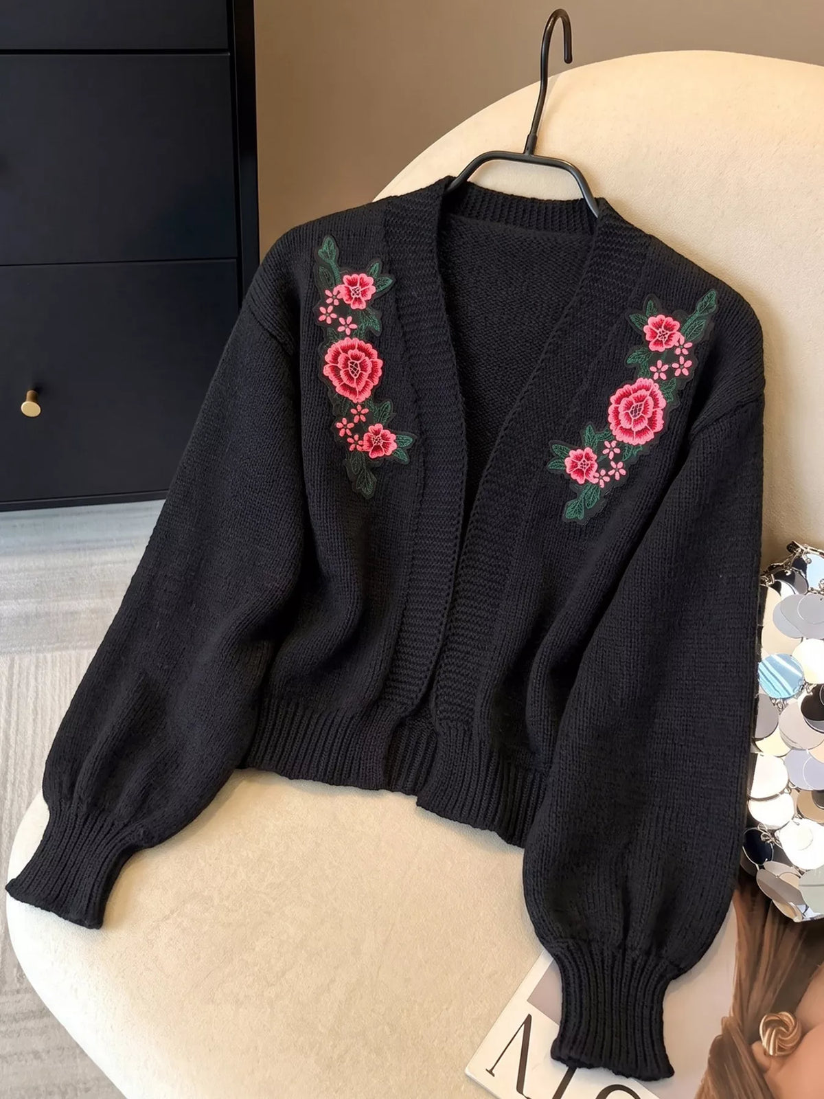 Floral Embroidered Applique Knit Cardigan in Black, view 7