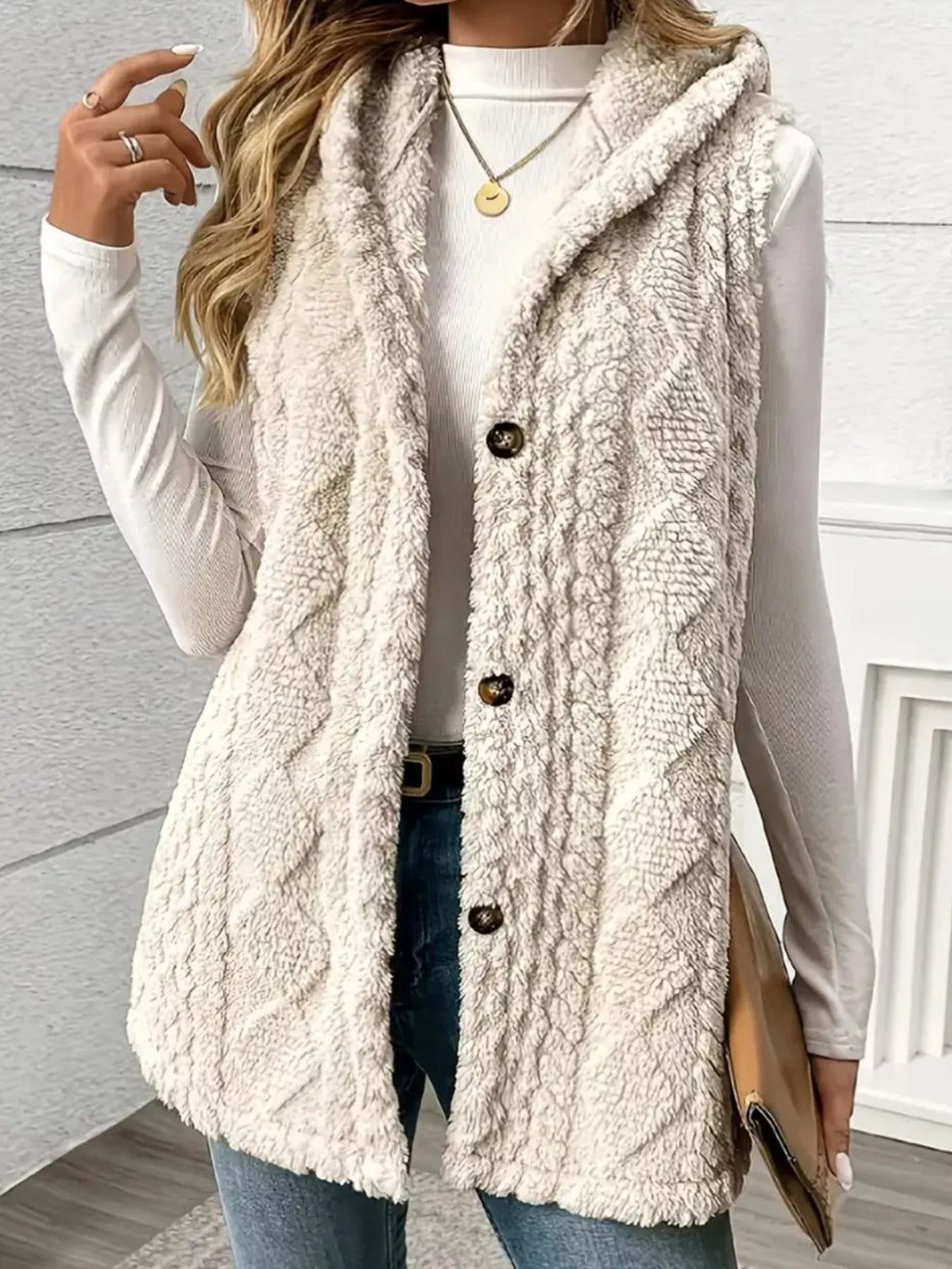 Button Up Plush Hooded Vest Coat - Lilixa.store