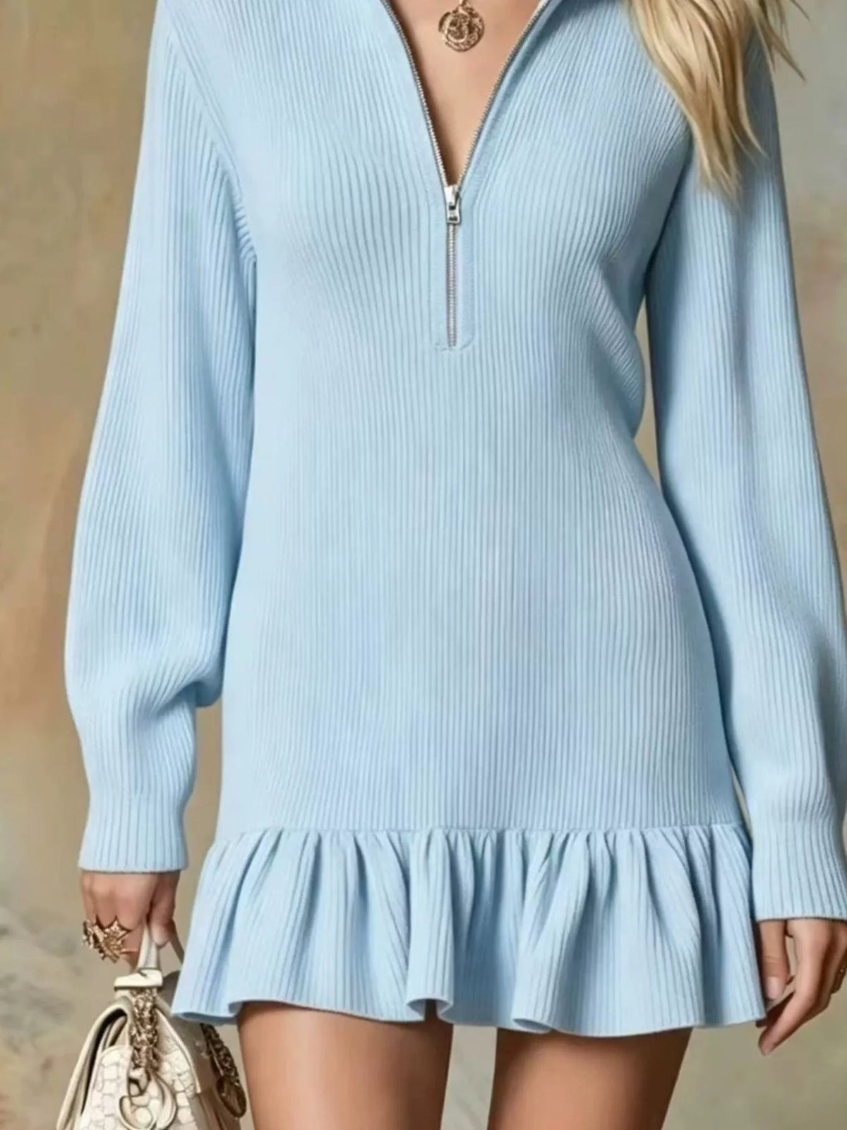 Ruffle Hem Half Zip Dress - Lilixa.store