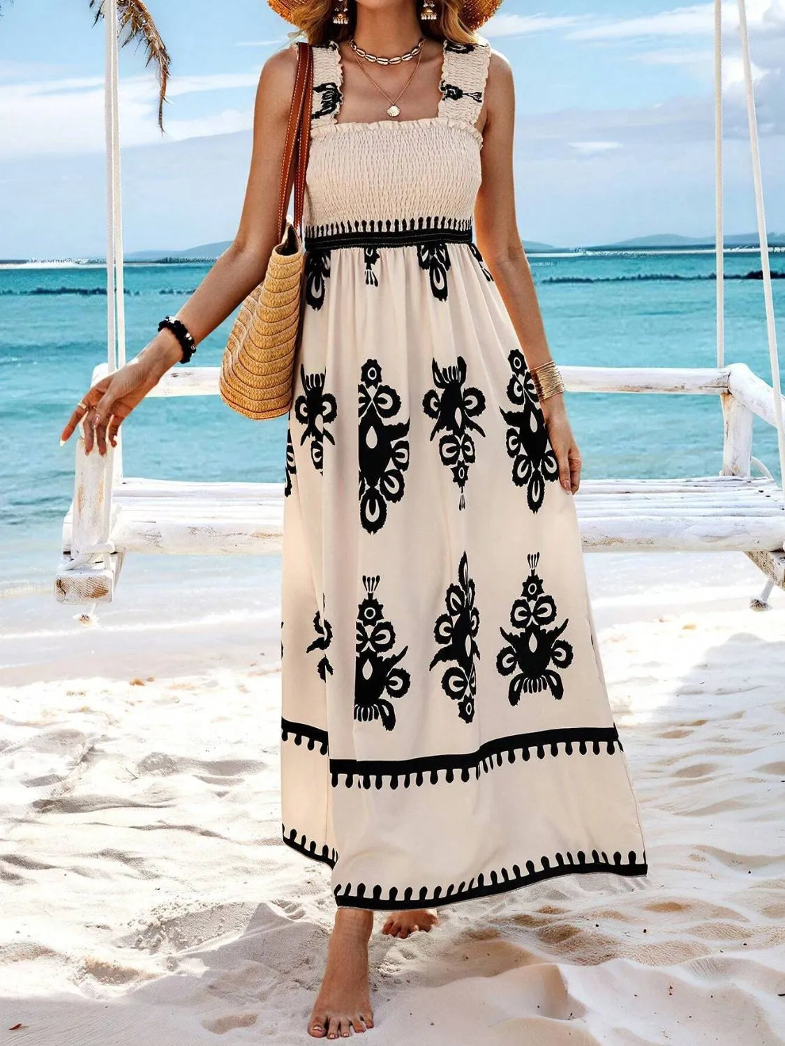 Smocked Printed Wide Strap Maxi Dress, view 5