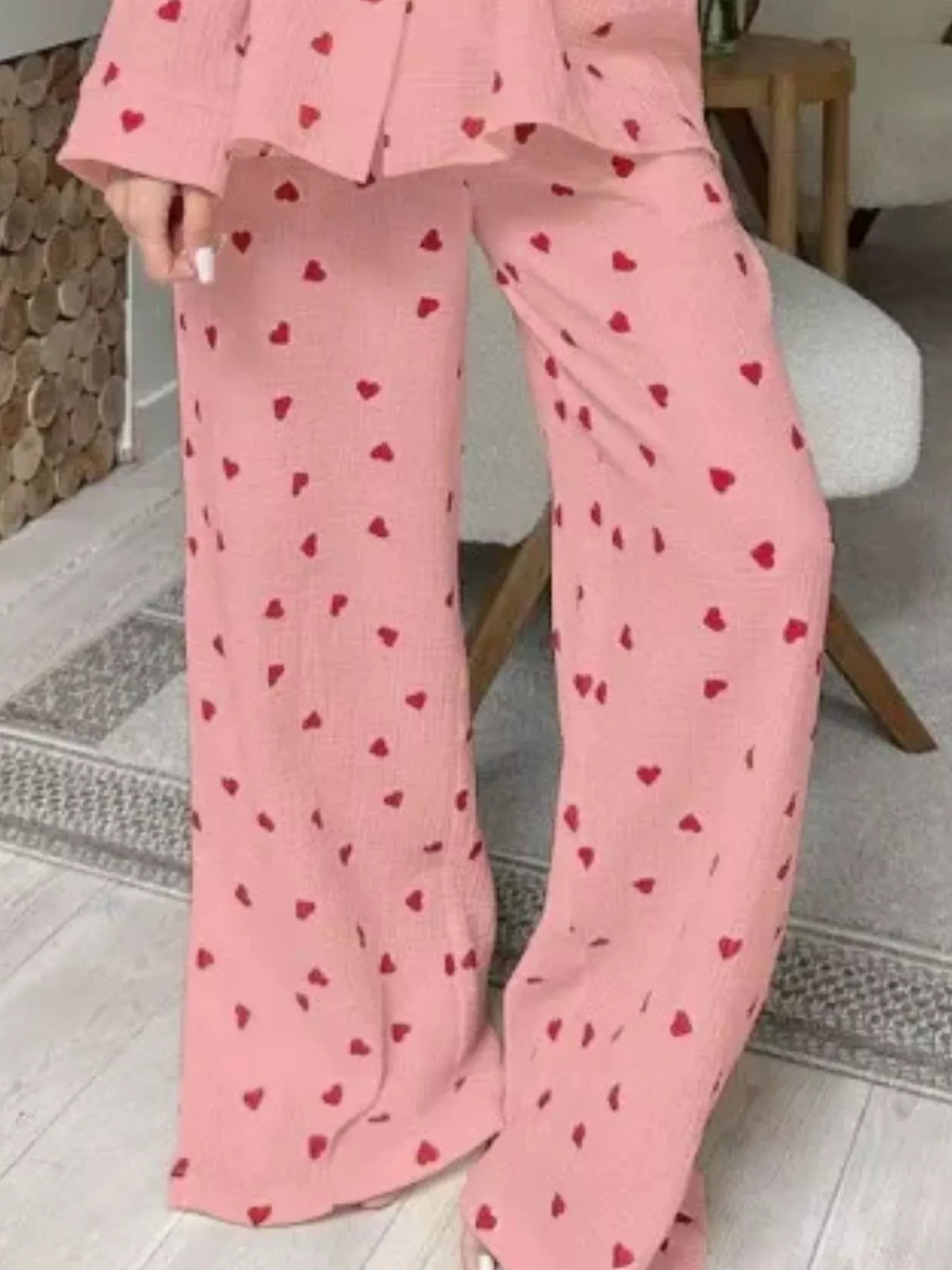 Heart Print Button Up Top and Pants Lounge Set - Lilixa.store