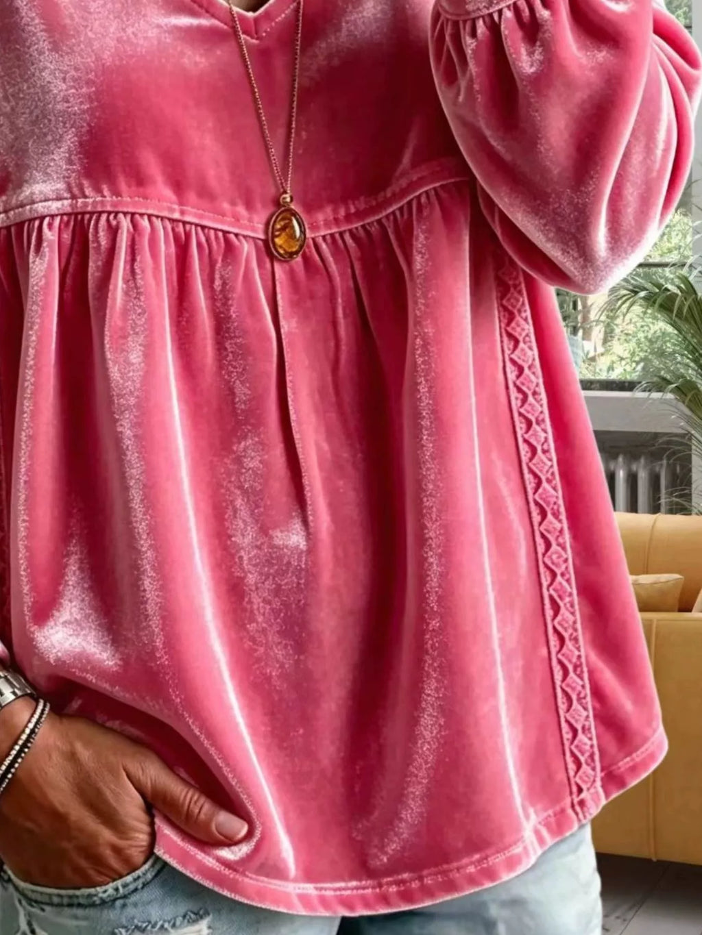 Full Size Velvet Lace Detail V-Neck Blouse Plus Size - Lilixa.store