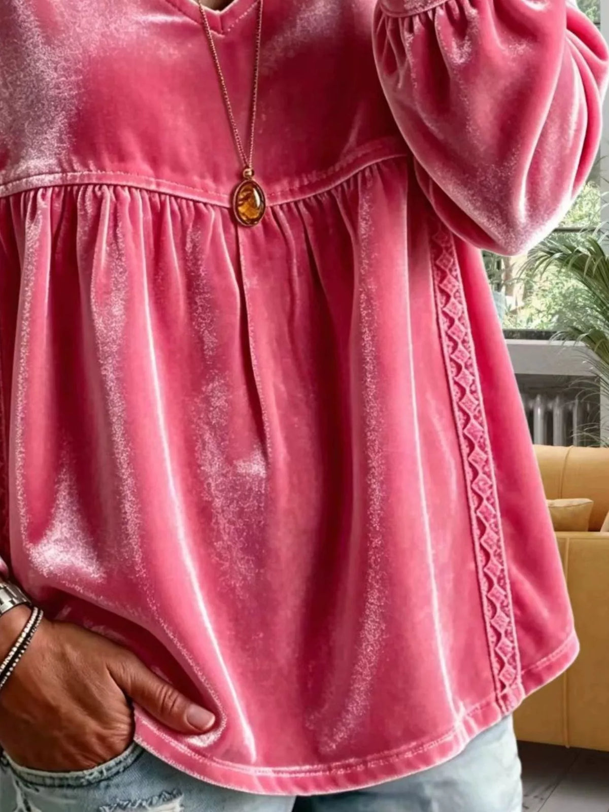 Full Size Velvet Lace Detail V-Neck Blouse Plus Size - Lilixa.store