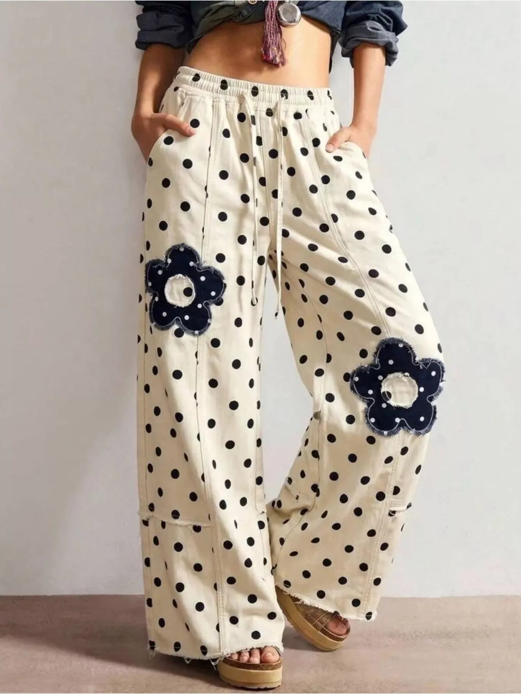Floral Applique Polka Dot Wide-Leg Jeans - Lilixa.store