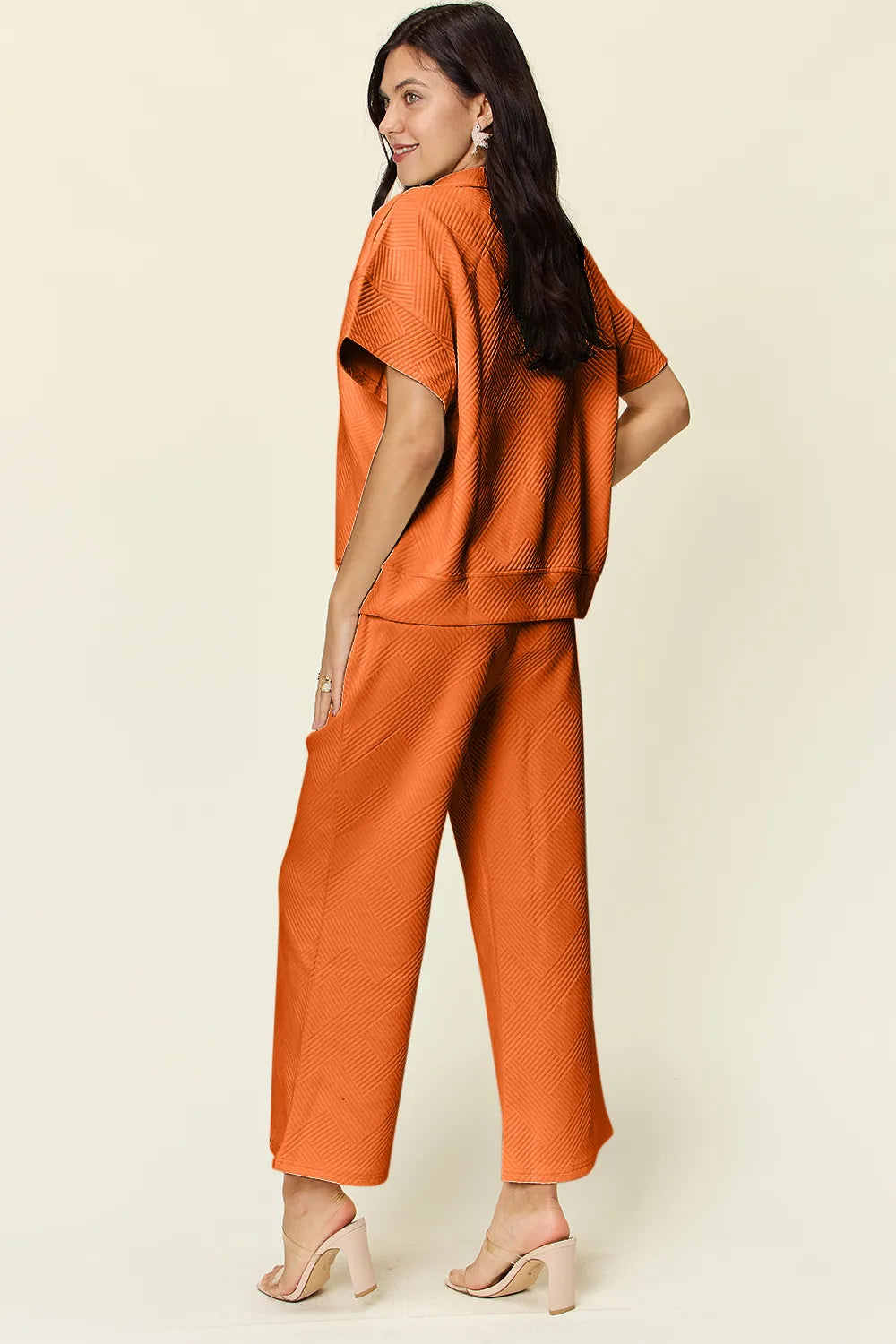 Double Take Full Size Texture Half Zip Short Sleeve Top and Pants Set, view 19