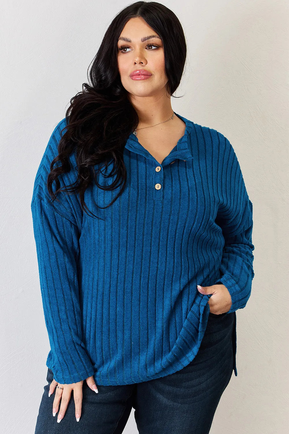 Basic Bae Full Size Ribbed Half Button Long Sleeve High-Low T-Shirt - Lilixa.store
