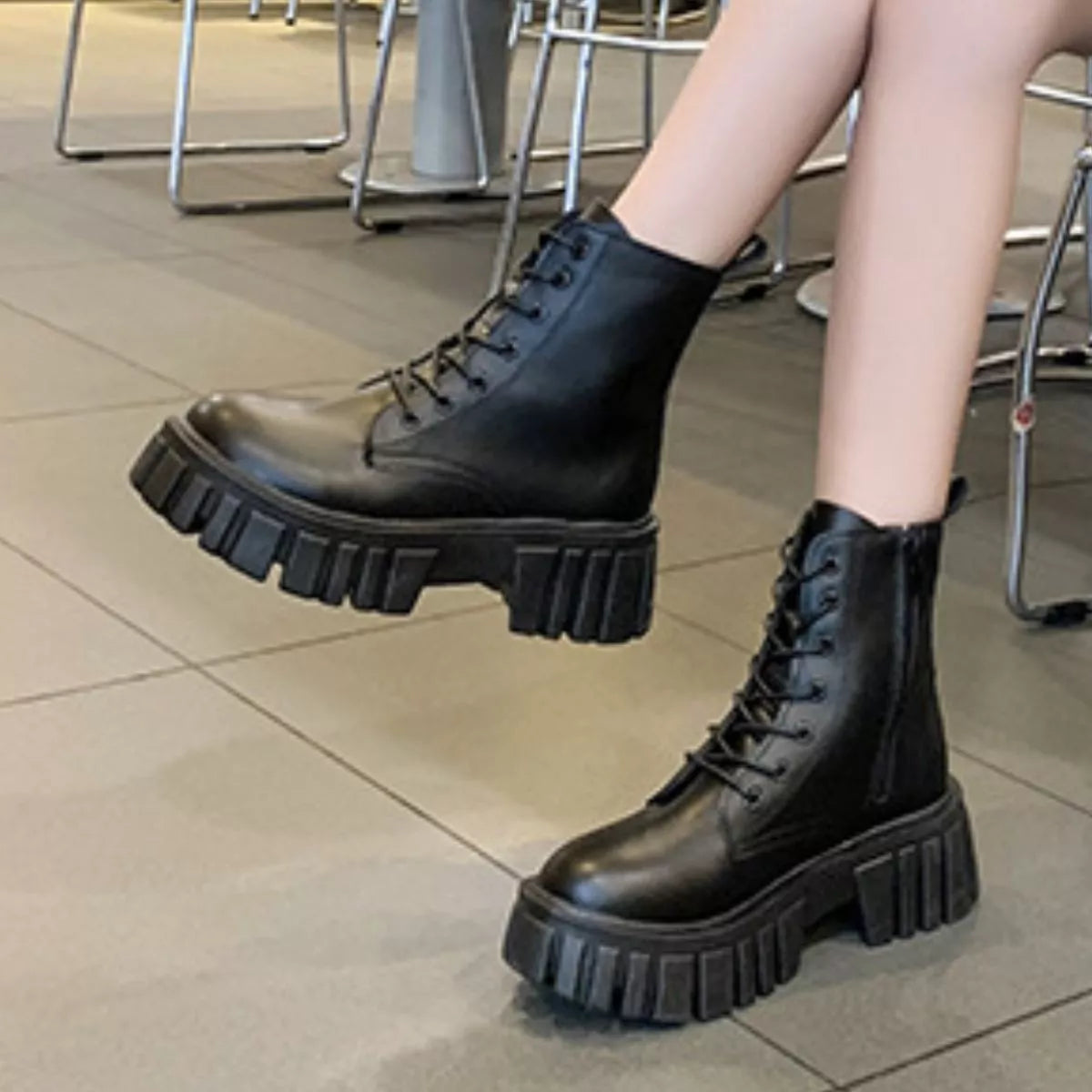 Round Toe Lace-Up Chunky Boots - Lilixa.store