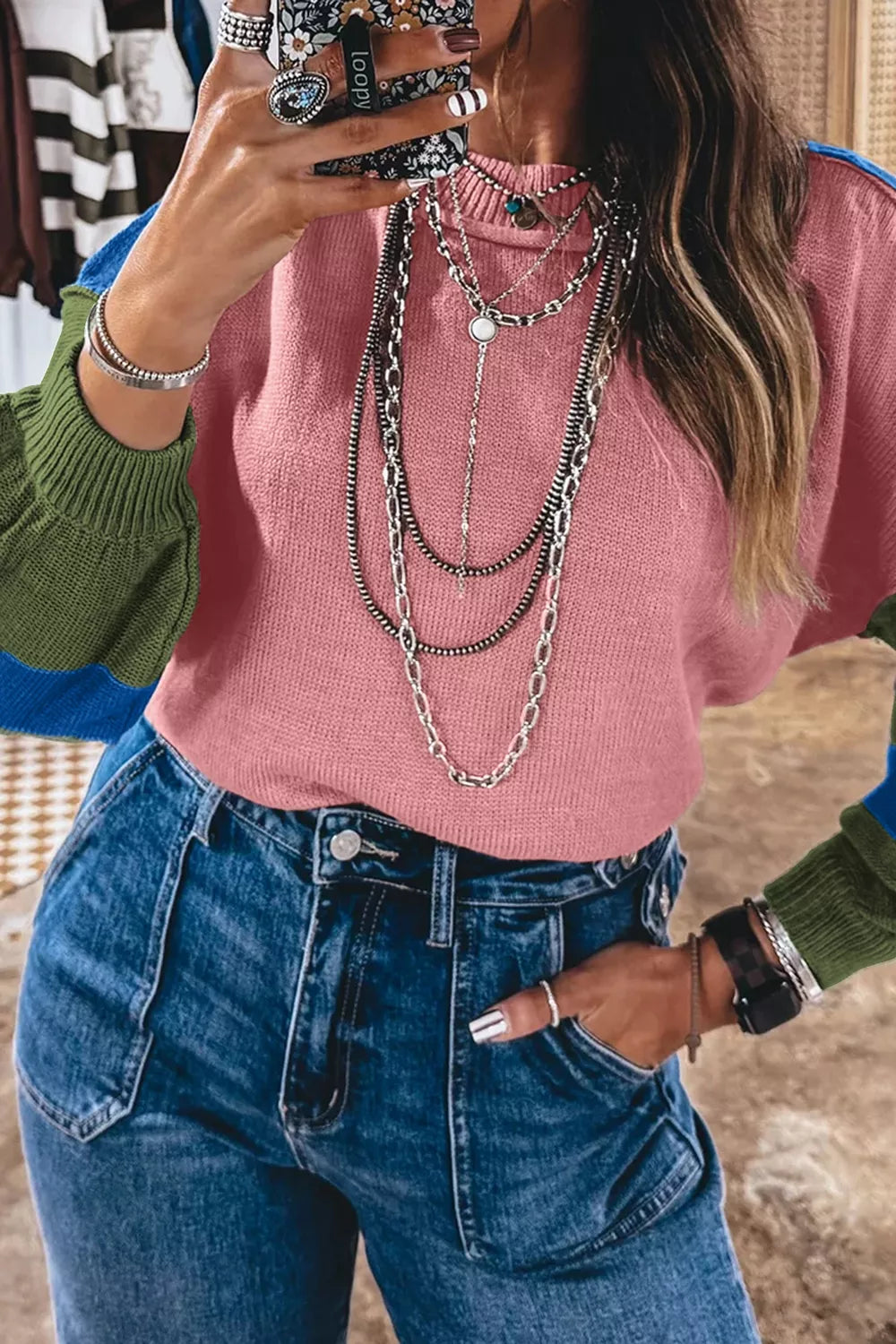 Multicolour Western Colorblock Patchwork Striped Long Sleeve Sweater