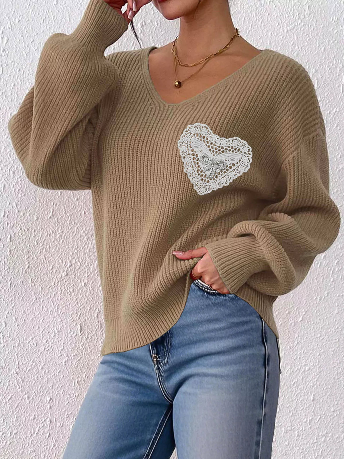 Lace Heart Dropped Shoulder Sweater