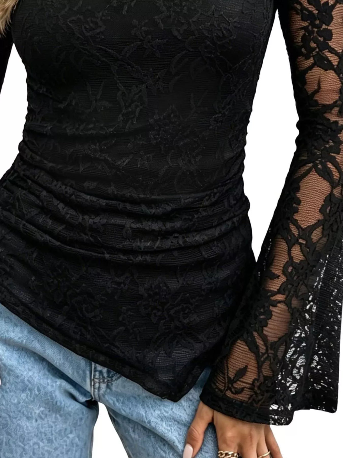 Floral Lace Long Sleeve Blouse with Flared Cuffs, view 2