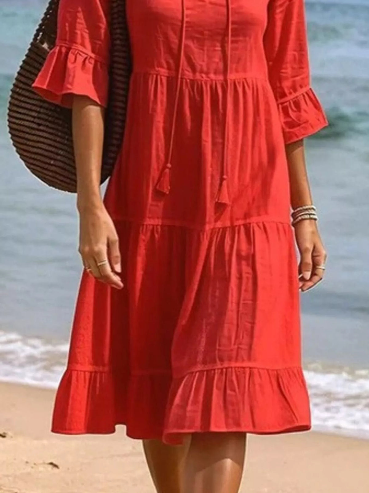 Full Size Tiered Tie Neck Flounce Sleeve Dress Plus Size - Lilixa.store