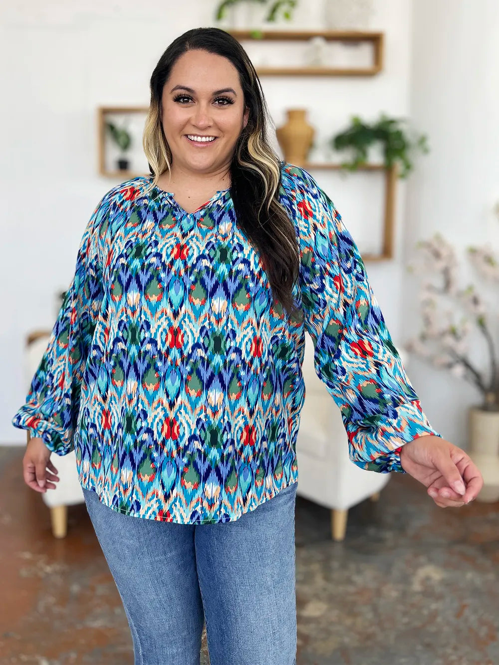 Double Take Full Size Printed Balloon Sleeve Blouse - Lilixa.store