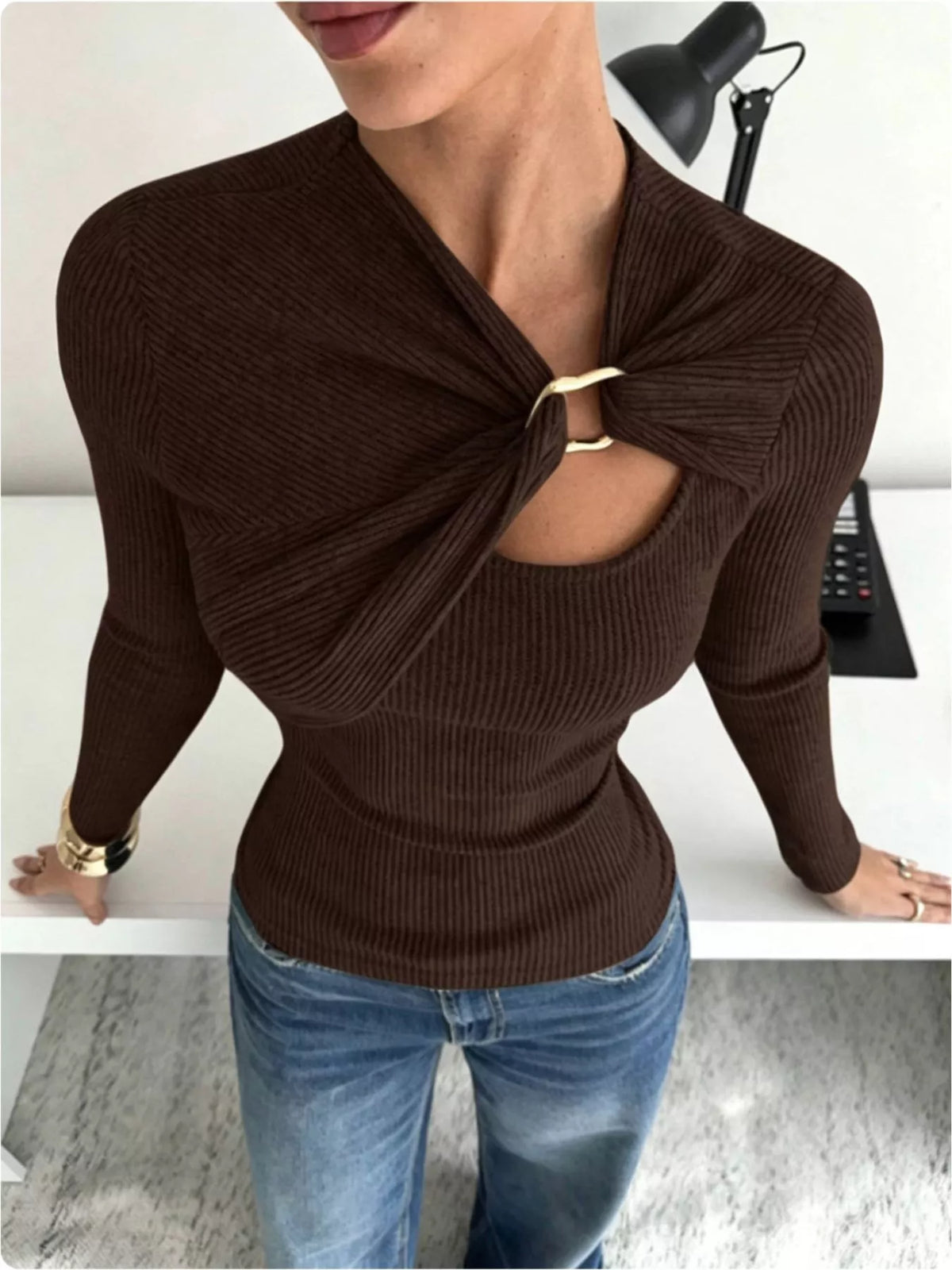 Ribbed Knit Long Sleeve T-Shirt with Metal Ring Cutout Detail in Chocolate, view 2