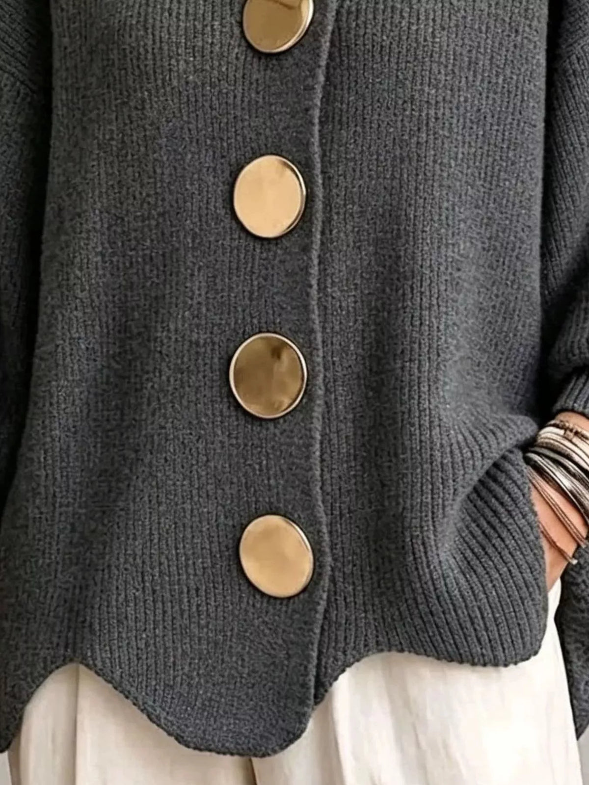 Full Size Gold Buttons Lantern Sleeve Cardigan Plus Size - Lilixa.store