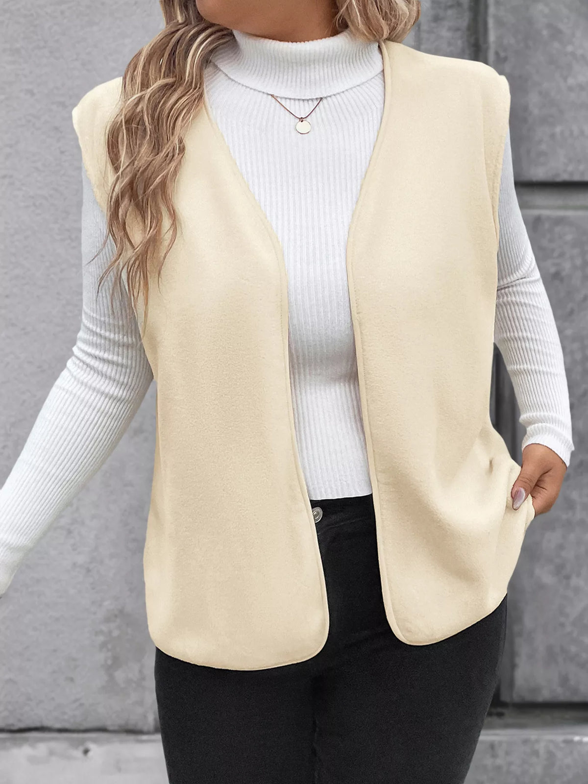 Full Size Open Front Vest Coat Plus Size in Apricot, view 7