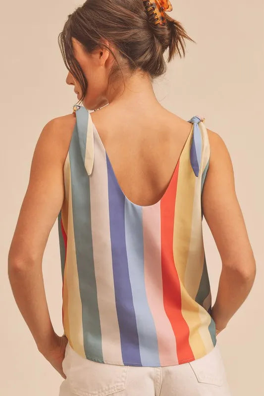 Aemi + Co Contrast Striped Scoop Neck Tie Shoulder Tank in Blue/Yellow/Red, view 5