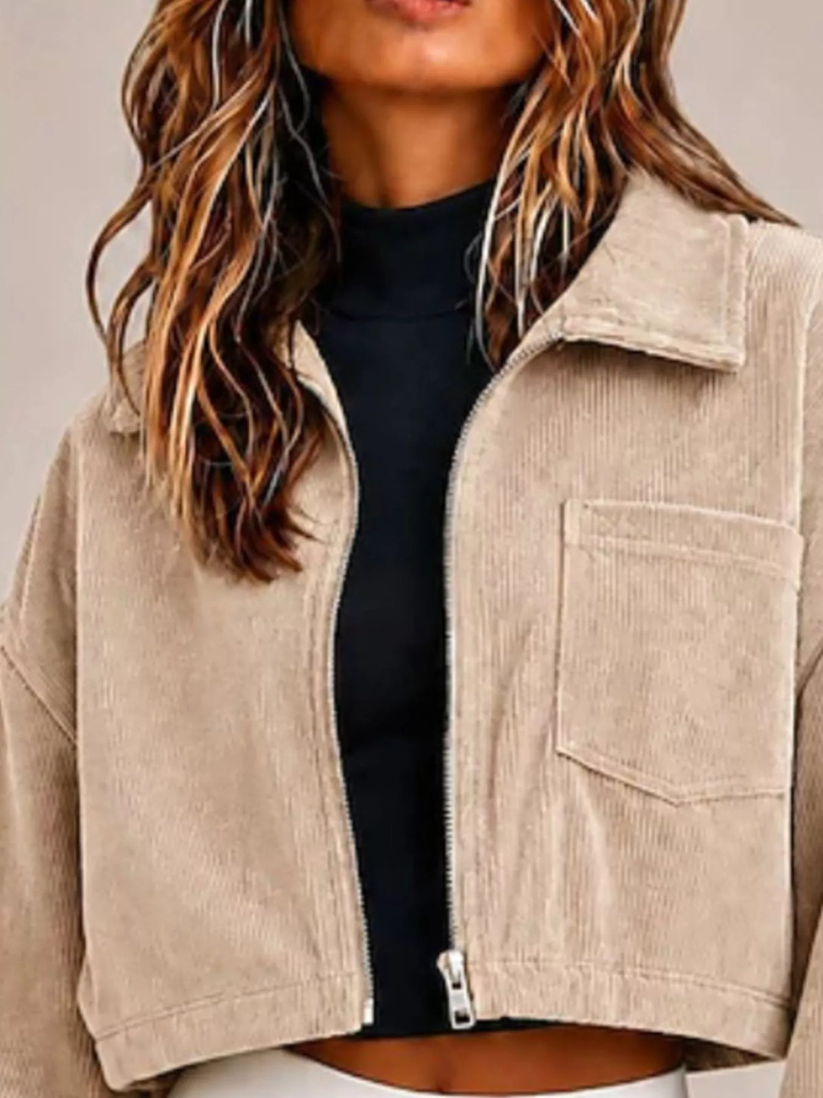 Corduroy Zip Up Cropped Jacket - Lilixa.store
