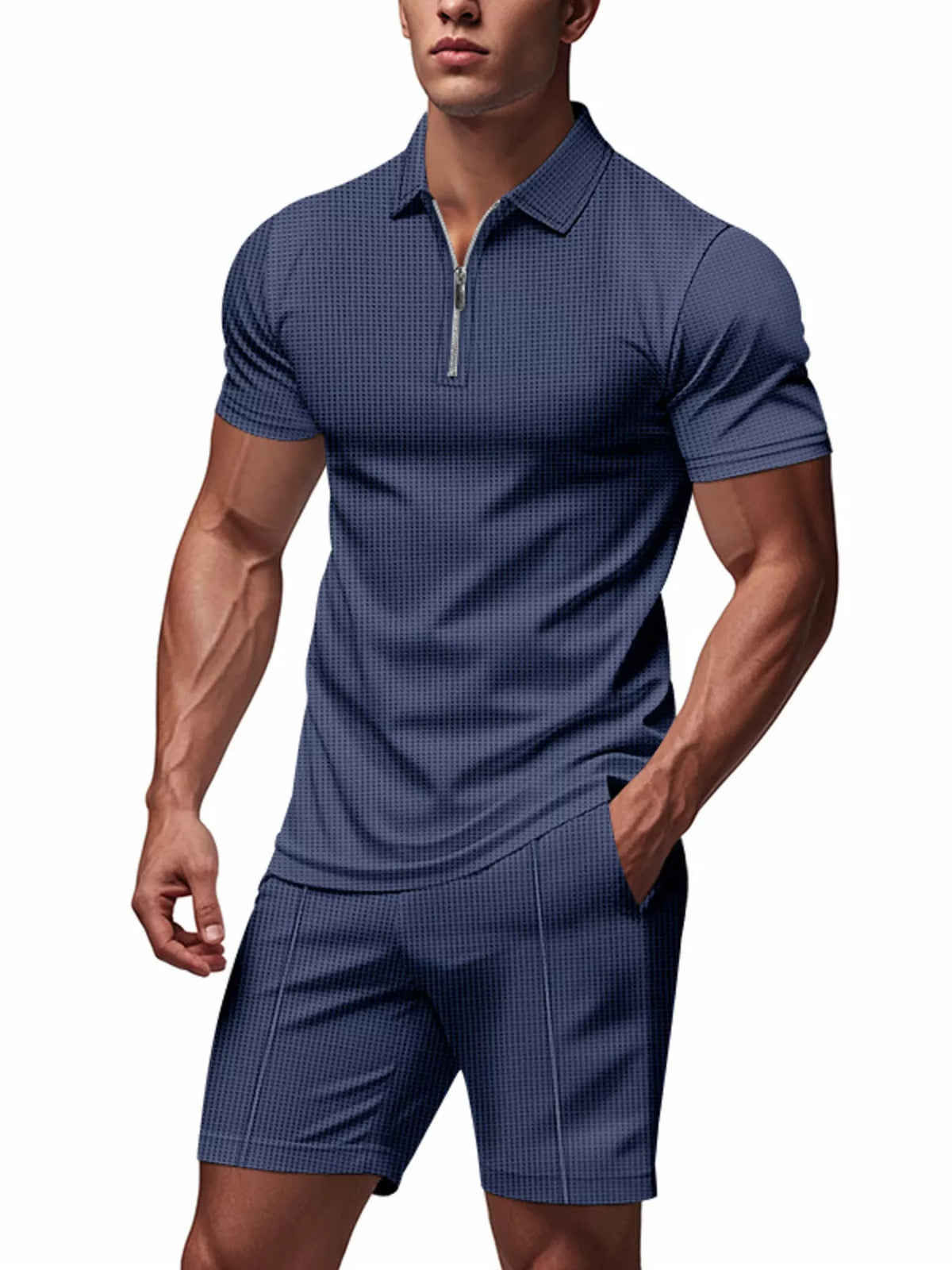 Men's Plus Size Quarter Zipper Polo Shirt and Shorts Set