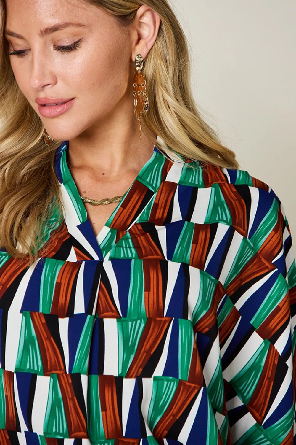 Double Take Full Size Geometric Notched Dolman Sleeve Top - Lilixa.store