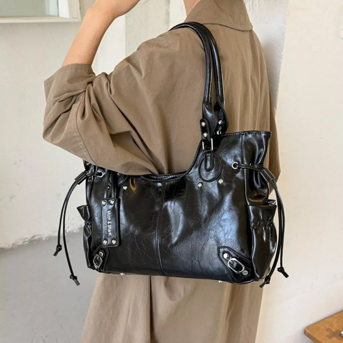 Drawstring Leather Handbag