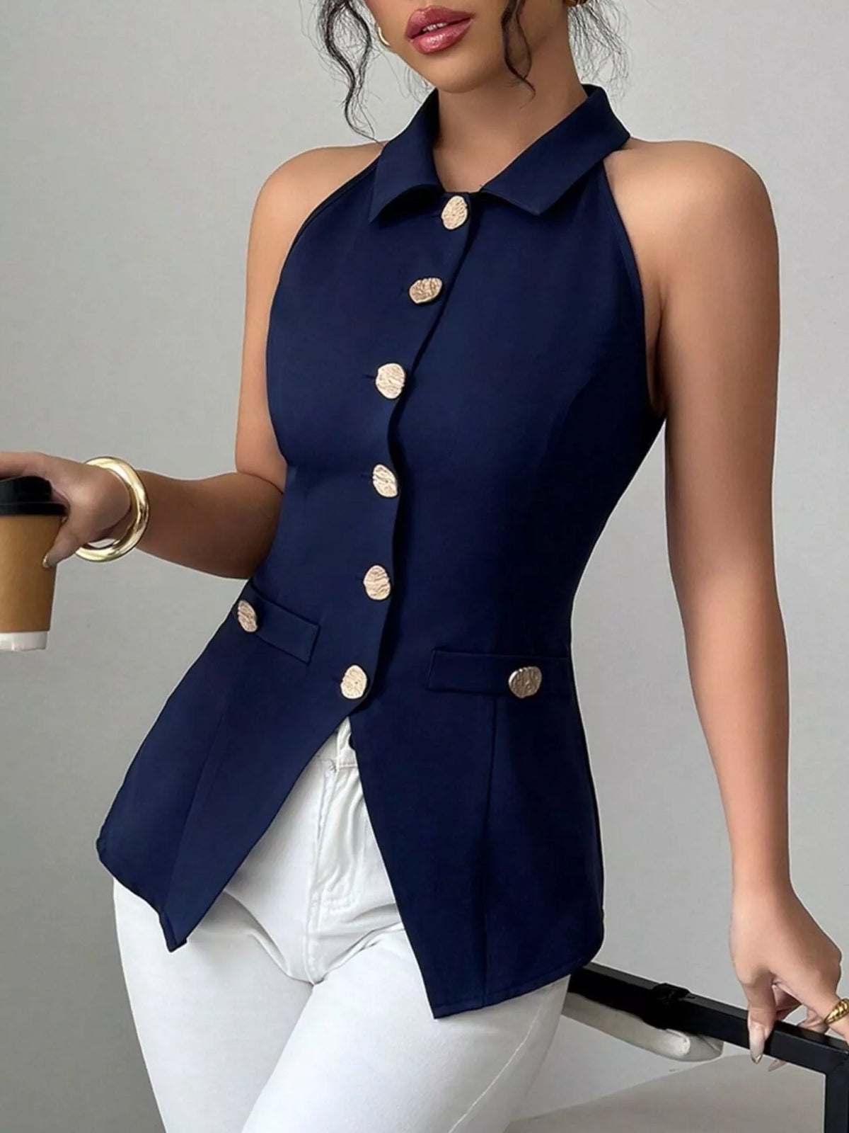 Sleeveless Lapel Collar Button-Down Vest - Lilixa.store