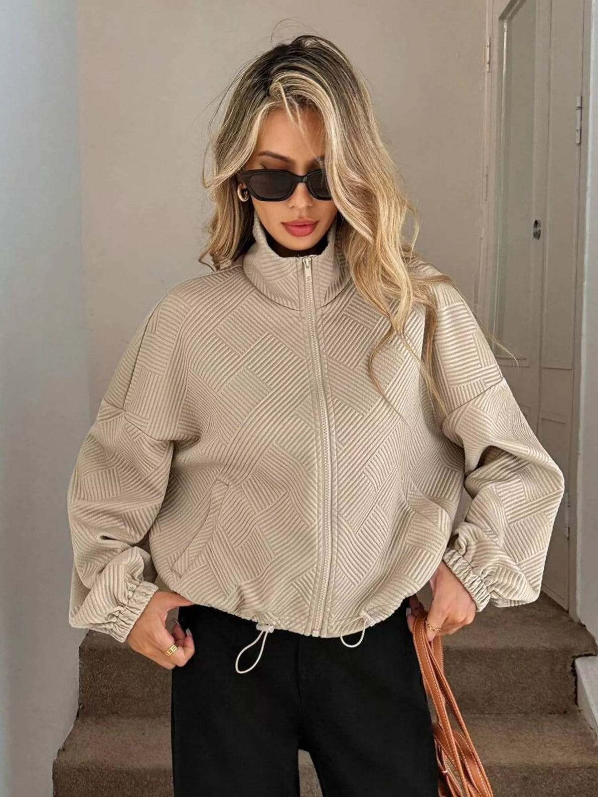 Drawstring Hem Textured Long Sleeve Jacket, view 3