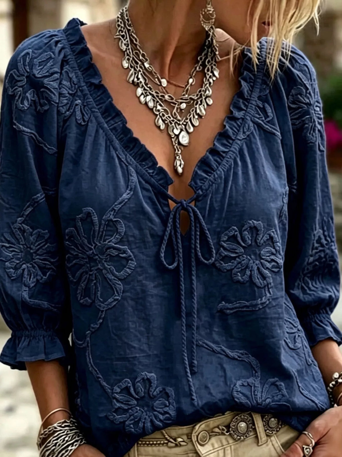 Floral Tie Neck 3/4 Sleeve Blouse