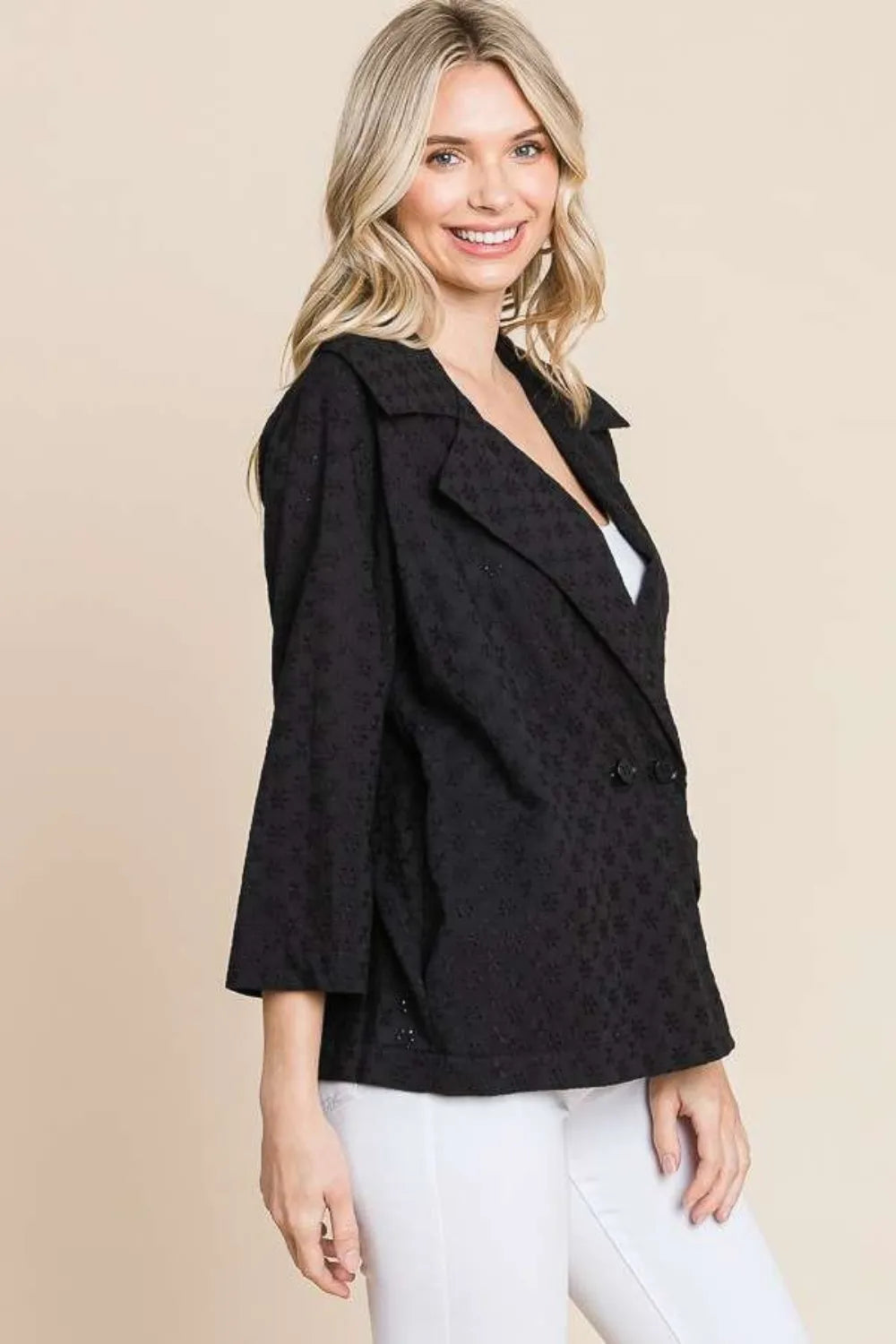Culture Code Double Breasted Eyelet Jacket with Pockets in Black, view 3