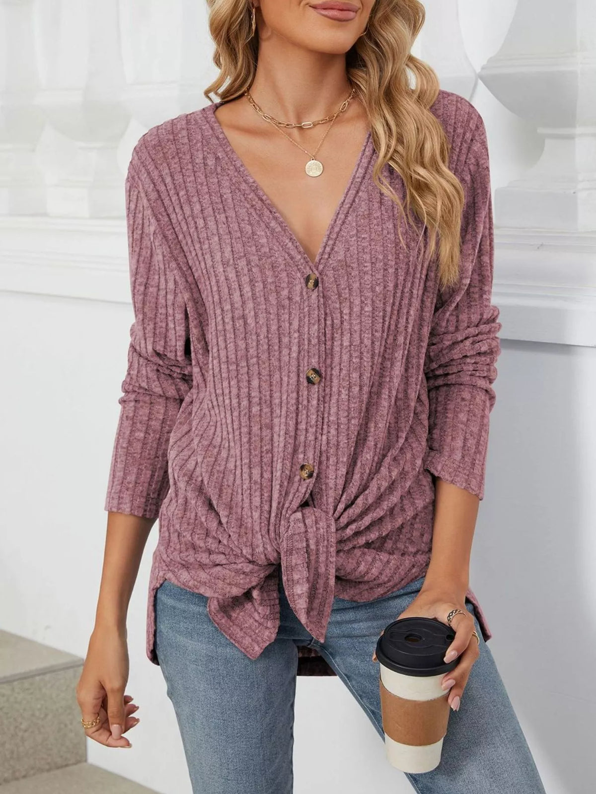 Ribbed Button-Up Cardigan - Lilixa.store