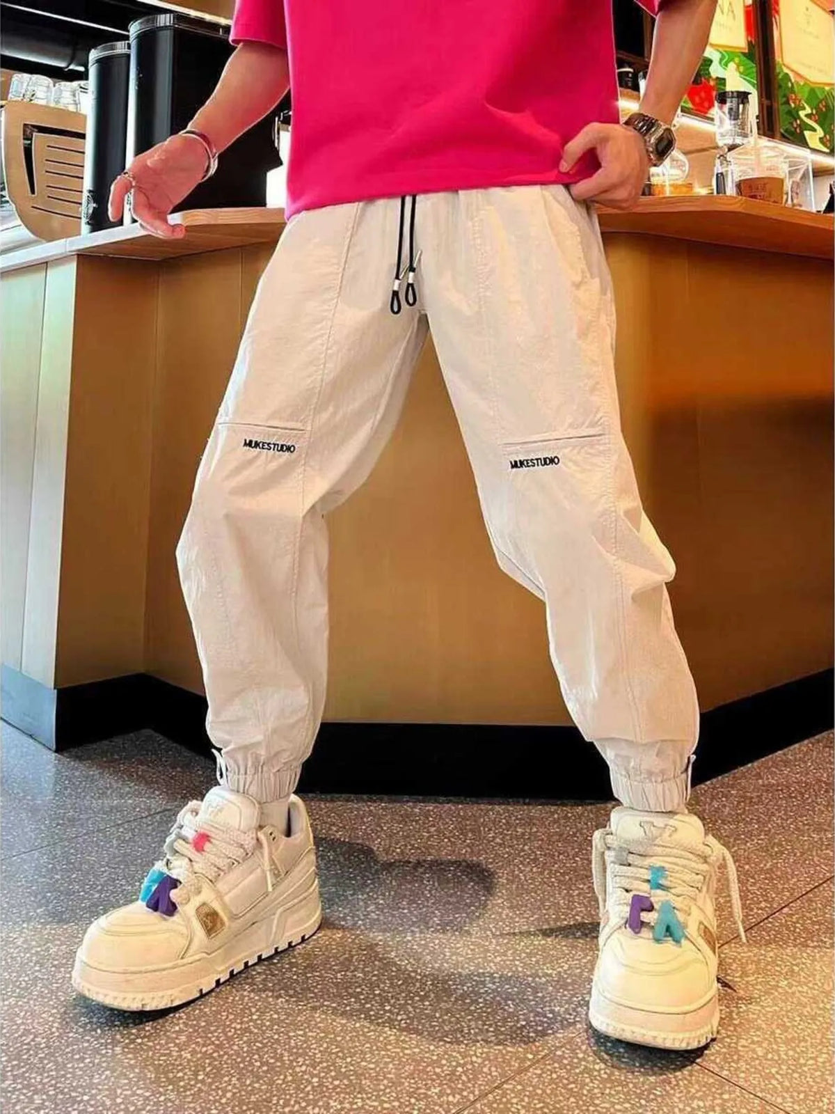 Men's Plus Size Lightweight Casual Joggers in Off-white
