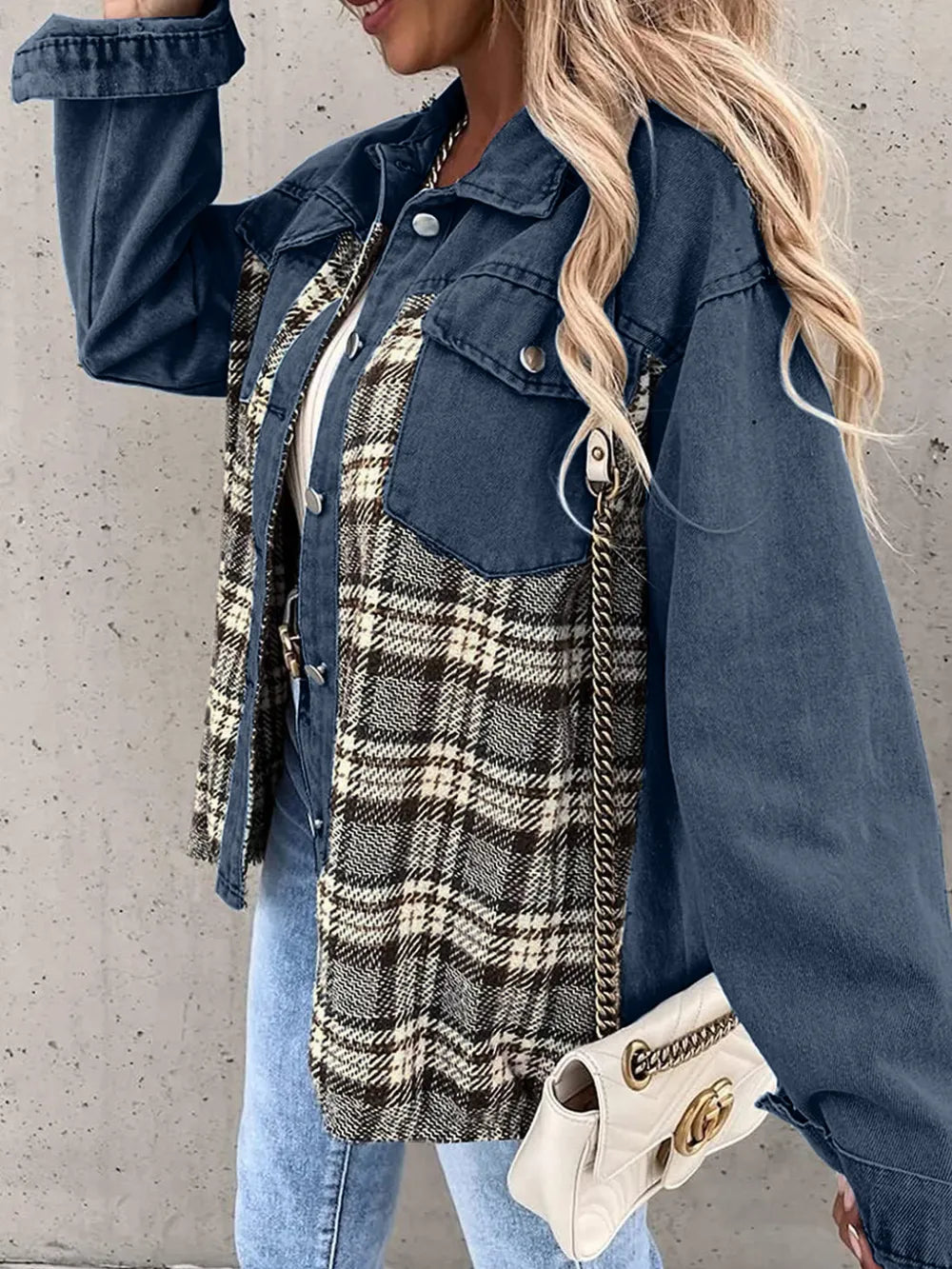 Plaid Button Up Dropped Shoulder Jacket, view 4