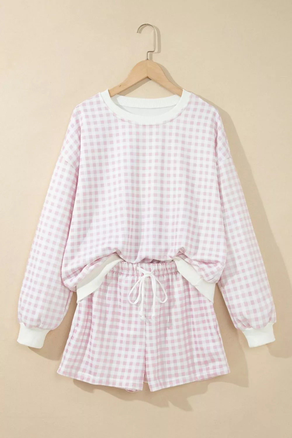 Gingham Long Sleeve Sweatshirt and Shorts Set - Lilixa.store