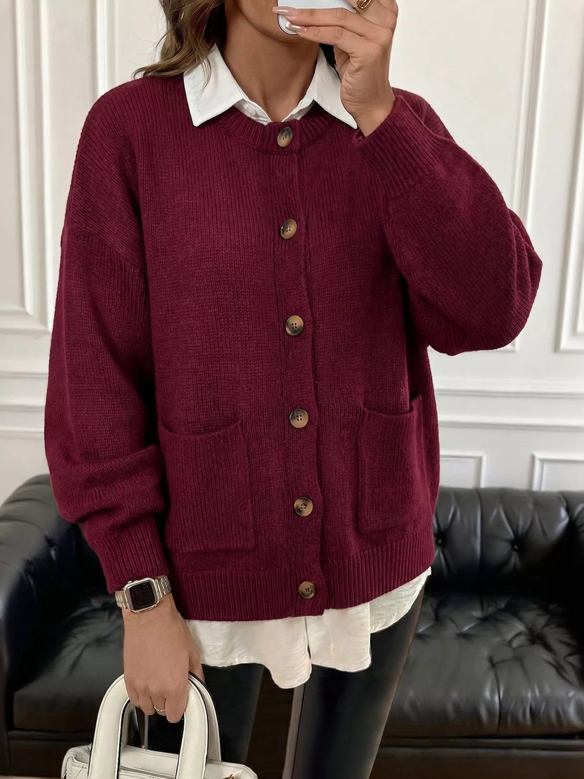 Button Up Dropped Shoulder Cardigan - Lilixa.store