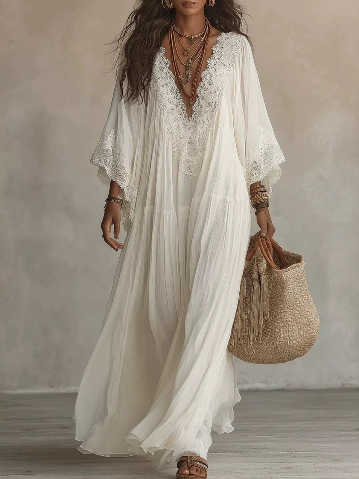 Lace Trim V-Neck Maxi Dress - Lilixa.store