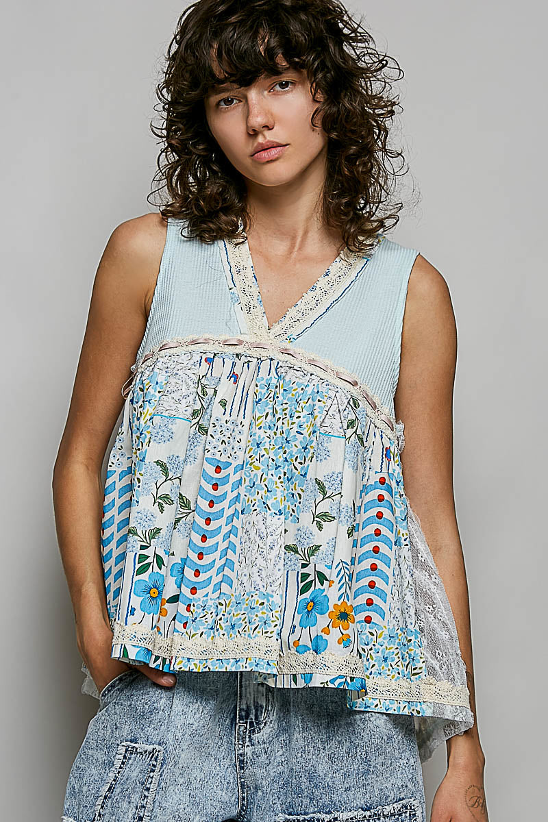 POL Floral V-Neck Sheer Tank with Lace Trim - Lilixa.store